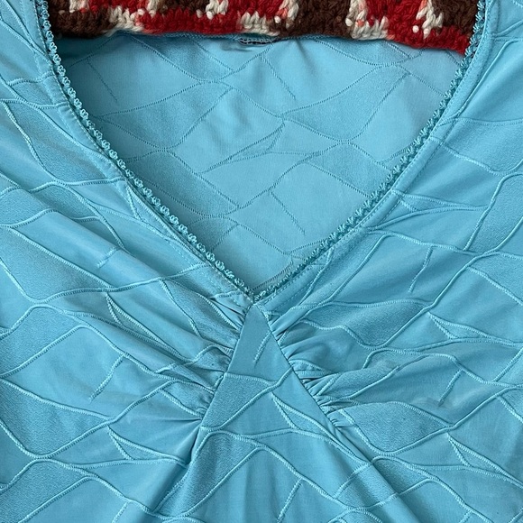 y2k Top Stretch Blouse Balletcore Fairycore Turquoise Teal Ruched Sexy - Picture 12 of 14